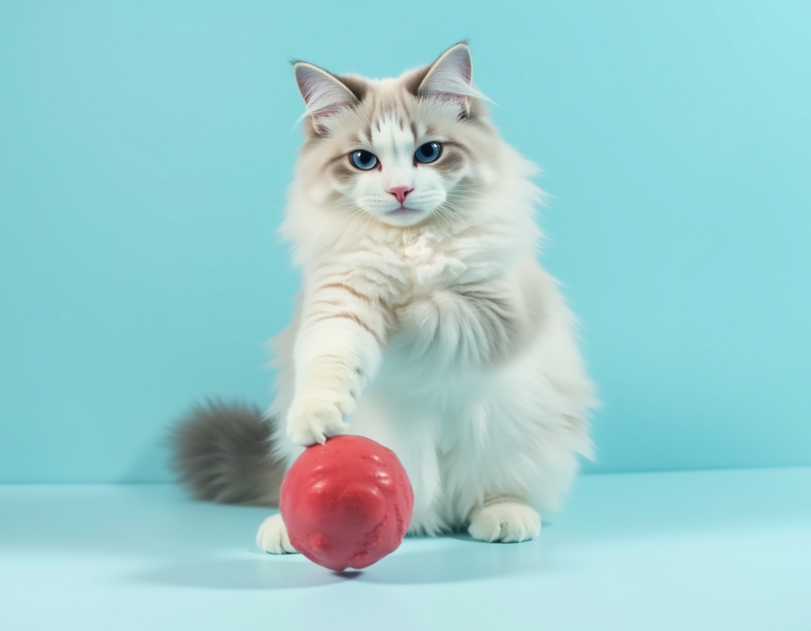 Playful studio photo of cat interacting with a bright red ball. The cat is mid-action with its paw raised, and the pastel blue background and balanced lighting create a cheerful, vibrant atmosphere that highlights the cat’s agility and energy.